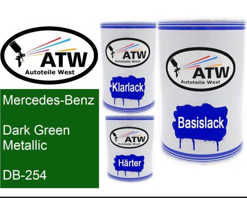 Mercedes-Benz, Dark Green Metallic, DB-254: 500ml Lackdose + 500ml Klarlack + 250ml Härter - Set, von ATW Autoteile West.